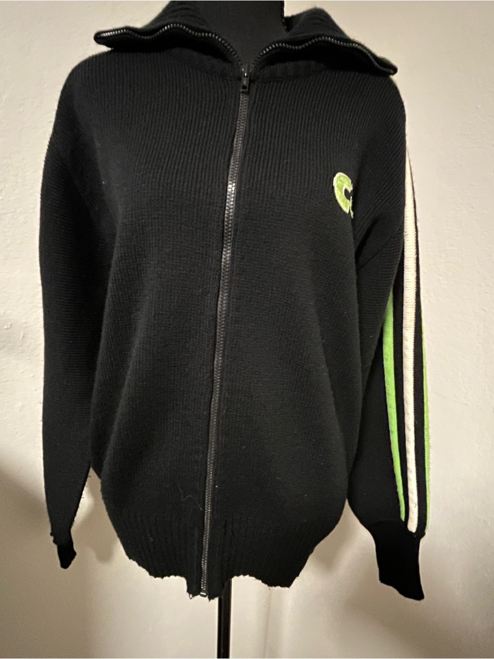 VINTAGE ARCTIC CAT Black Zip-Up Sweater w/ Green and White Sleeve Stripes-Large